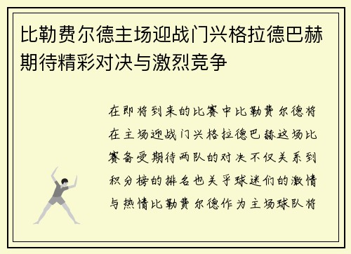 比勒费尔德主场迎战门兴格拉德巴赫期待精彩对决与激烈竞争